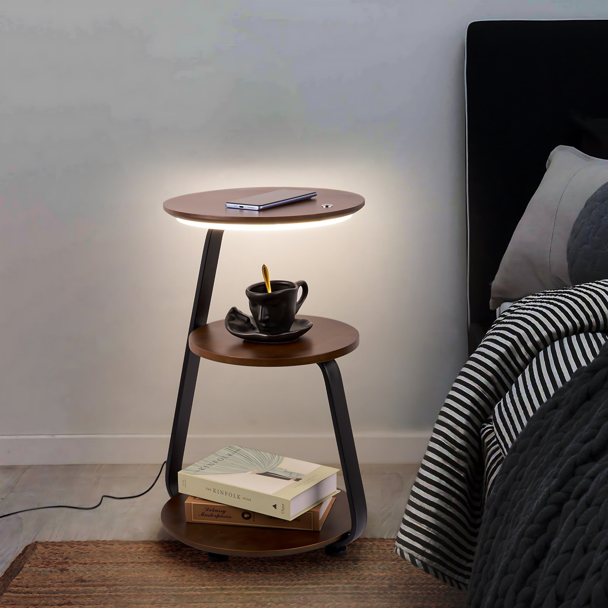 Wireless Charging LED Nightstand with sleek modern design, dimmable LED light, and wireless phone charging for a clutter-free bedside.