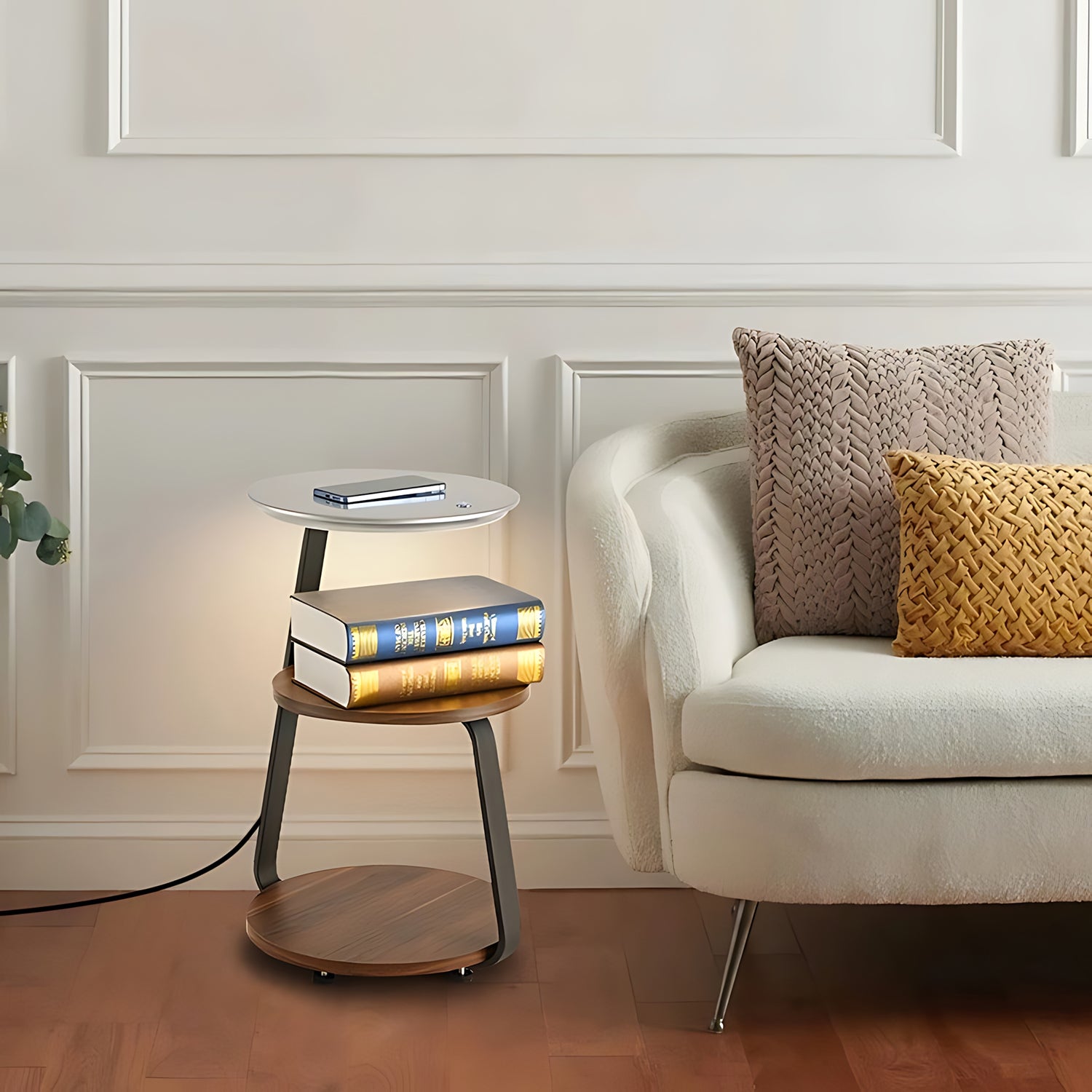 Wireless Charging LED Nightstand with wireless phone charging and adjustable dimmable LED lamp by the sofa.