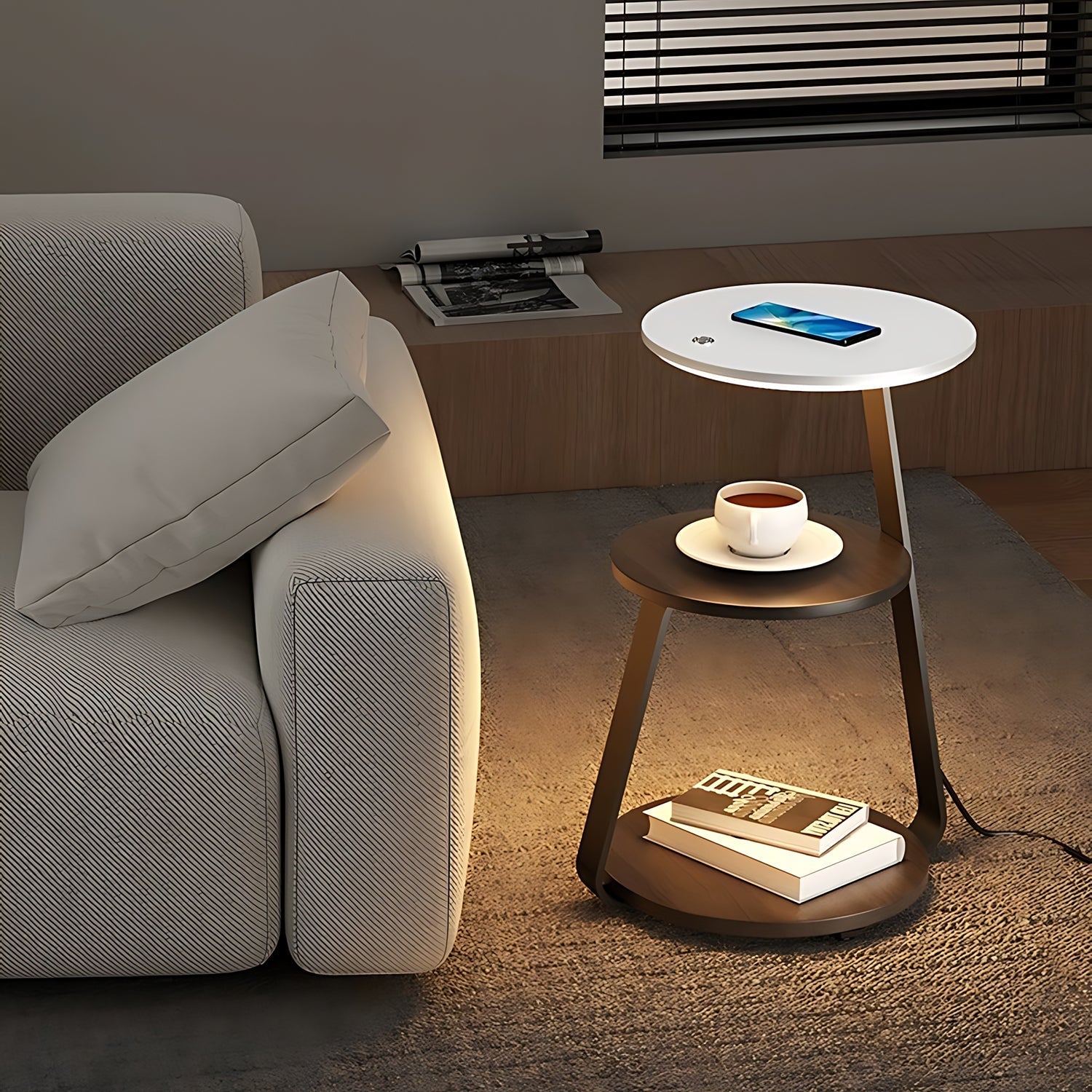 Wireless Charging LED Nightstand with sleek design, wireless phone charging, adjustable LED lamp, and minimalist bedside storage.