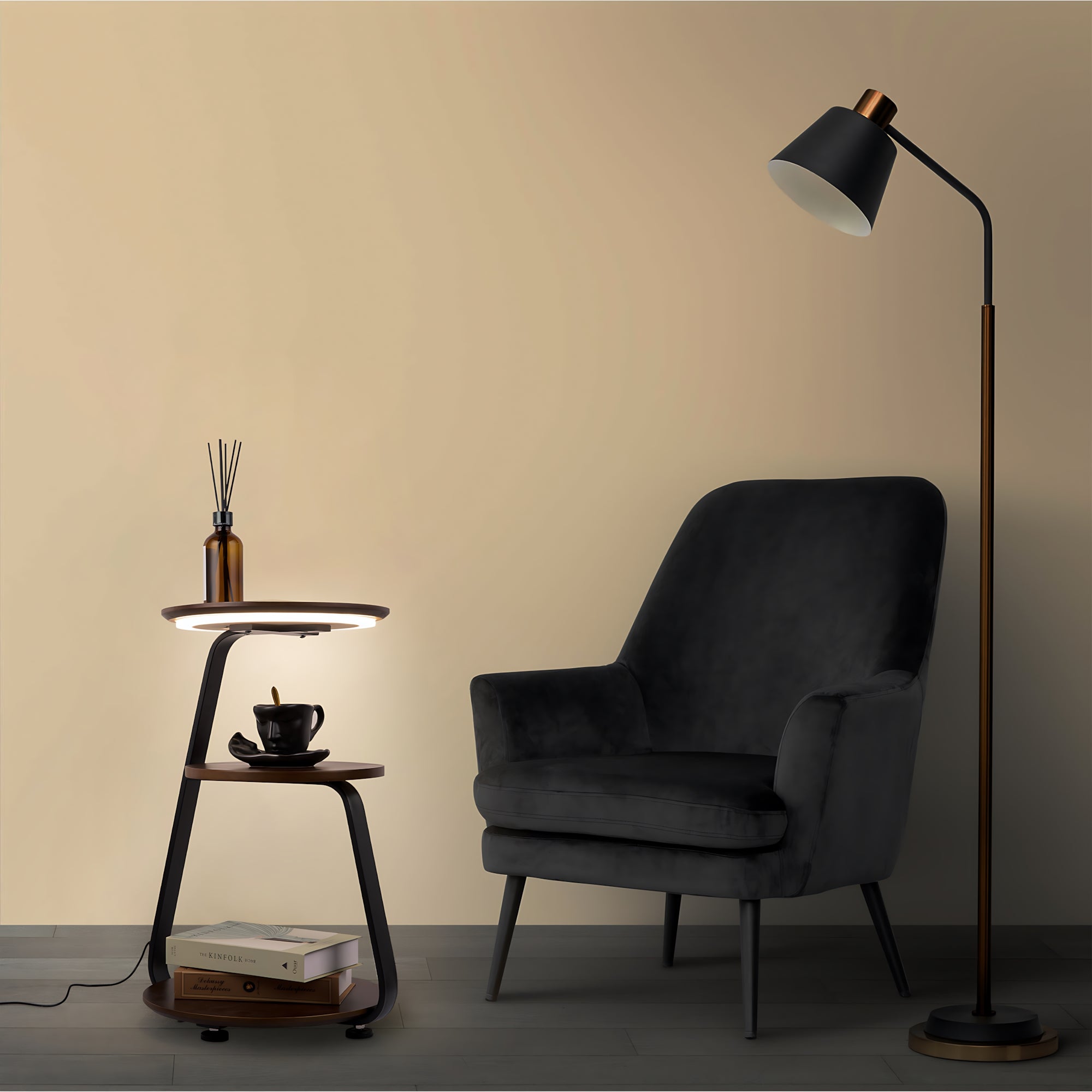 Wireless Charging LED Nightstand with sleek modern design, dimmable LED lamp, and clutter-free bedside charging station.