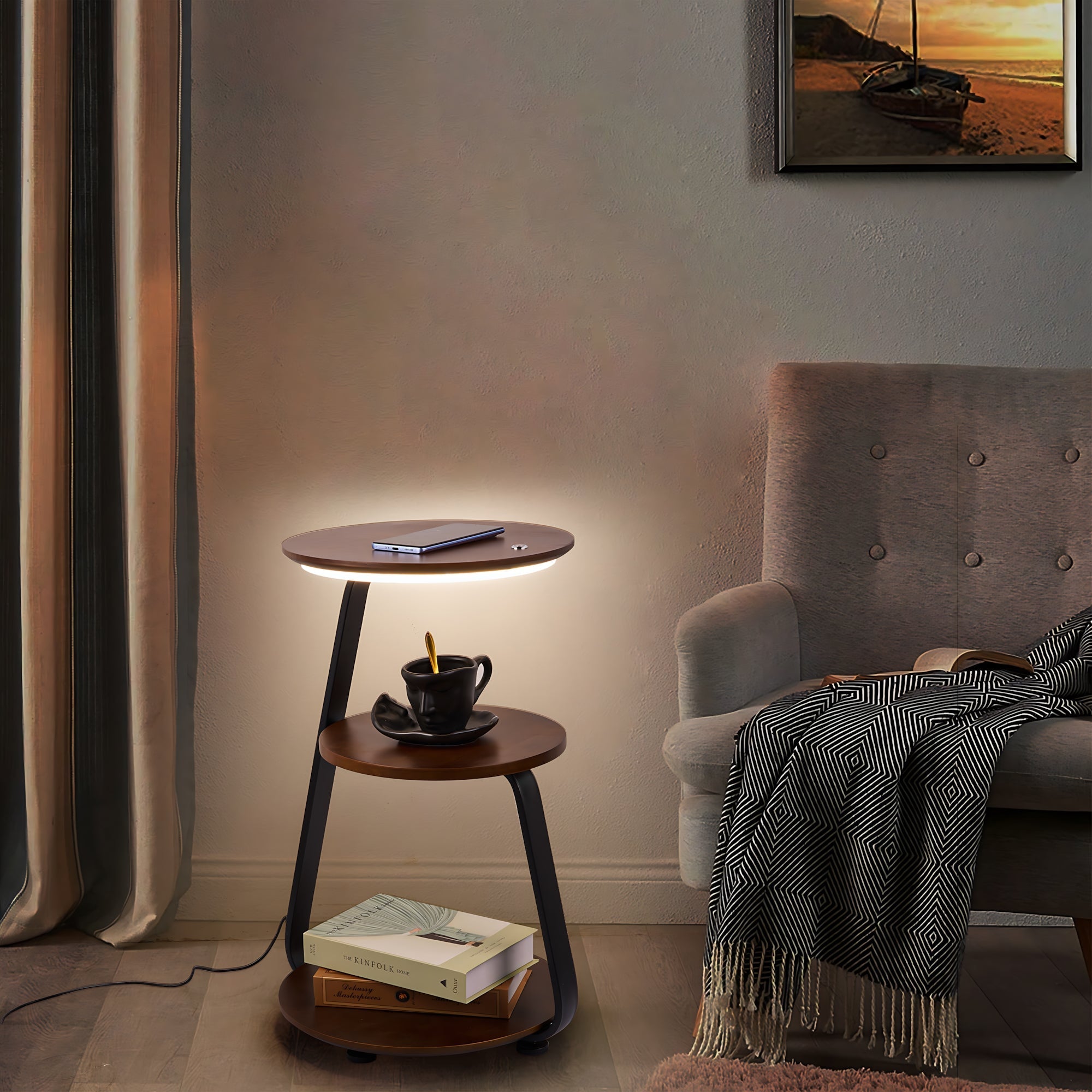 Wireless Charging LED Nightstand with dimmable LED lamp, wireless phone charging, and modern bedside design.