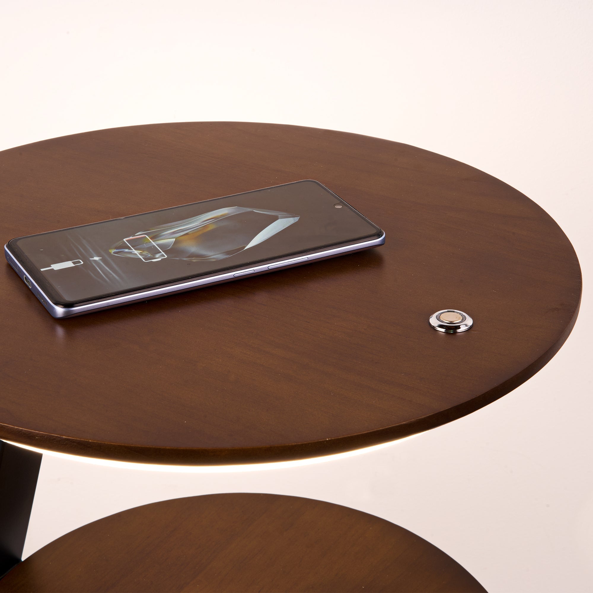 Wireless Charging LED Nightstand with sleek wood surface and phone wirelessly charging on top.