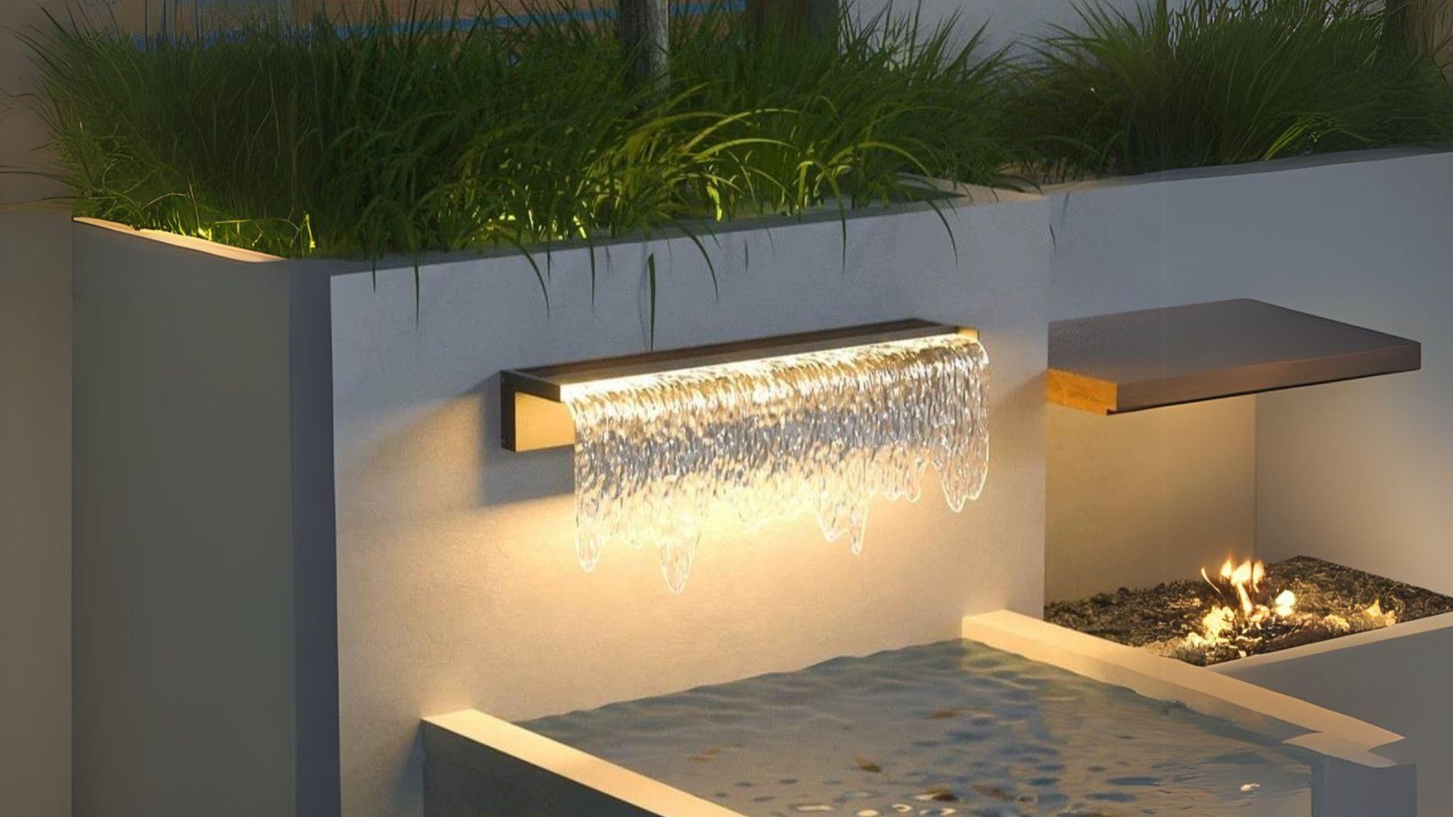 Acrylic Waterfall Outdoor Light casting elegant, flowing illumination over a modern garden wall at night.