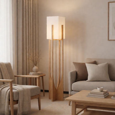 Minimalist Japanese Zen Floor Lamp, Solid Wood Standing Lamp with Soft Fabric Shade