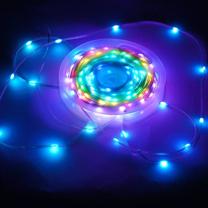 65 ft. Waterproof RGB Smart LED Strip Lights glowing with vibrant blue and multicolor effects for indoor and outdoor ambiance.