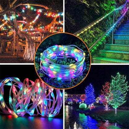65 ft. Waterproof RGB Smart LED Strip Lights illuminating outdoor trees, stairs, and patios with vibrant colors and effects.