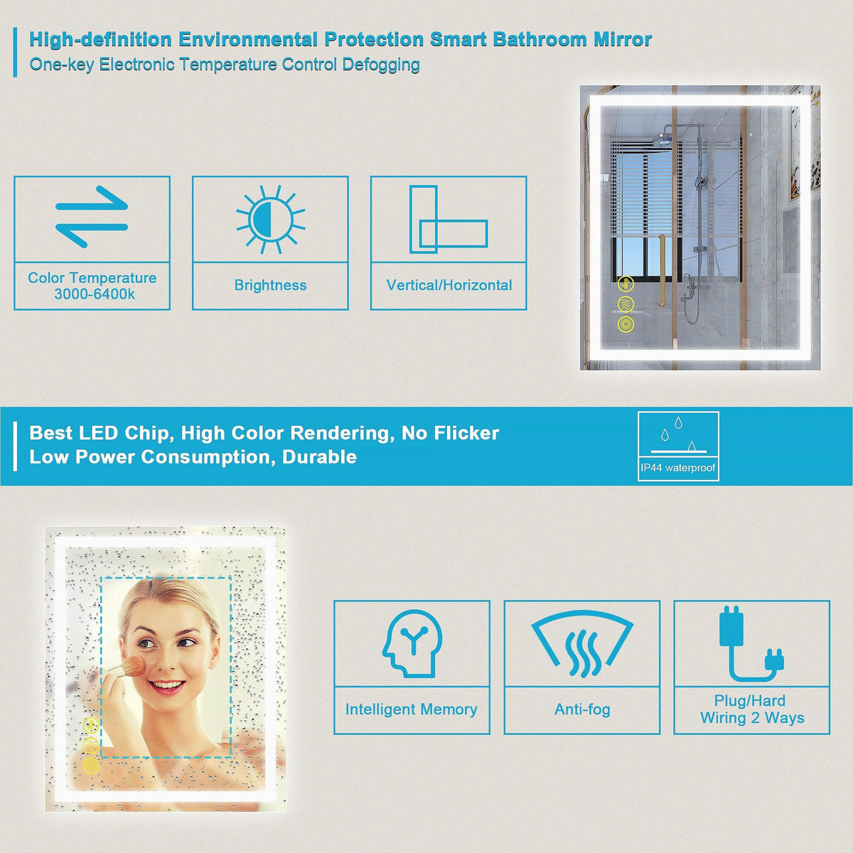 GlareGuard Anti-Fog Bathroom Led Mirror Backlit Illuminated Mirror Touch Switch Dimmable