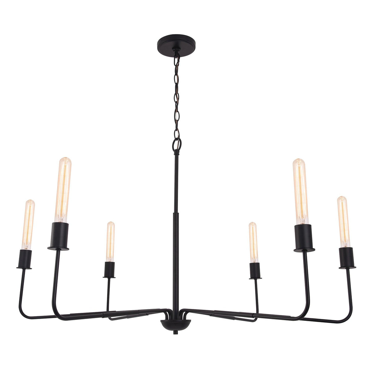 Radiant 6-Light Industrial Traditional Dimmable Chandelier with black metal frame and six exposed bulbs for modern farmhouse lighting.