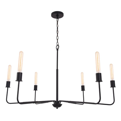 Radiant 6-Light Industrial Traditional Dimmable Chandelier with black metal frame and six exposed bulbs for modern farmhouse lighting.