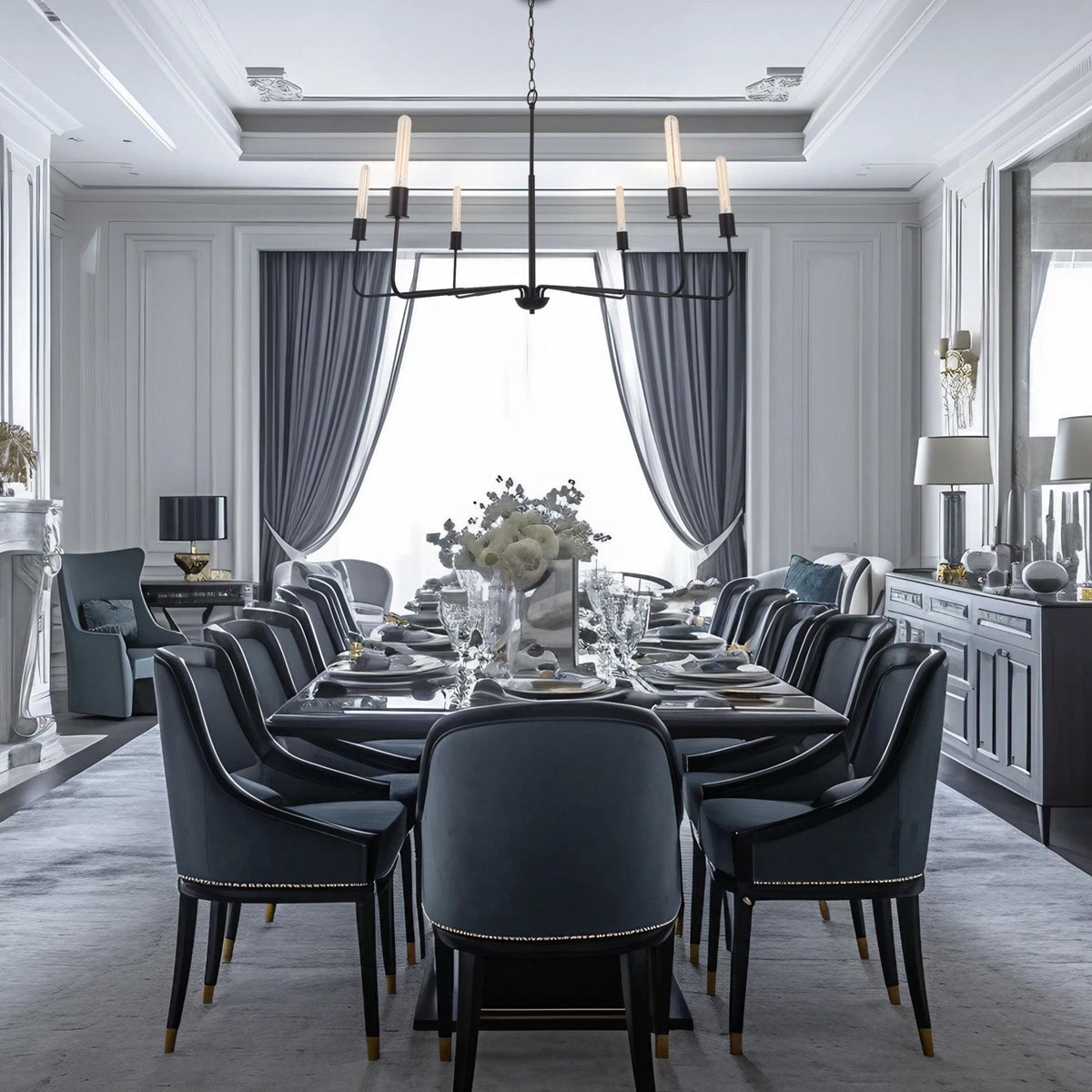 Radiant 6-Light Industrial Traditional Dimmable Chandelier hanging above elegant dining table in modern farmhouse setting.