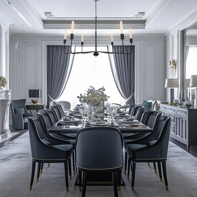 Radiant 6-Light Industrial Traditional Dimmable Chandelier hanging above elegant dining table in modern farmhouse setting.