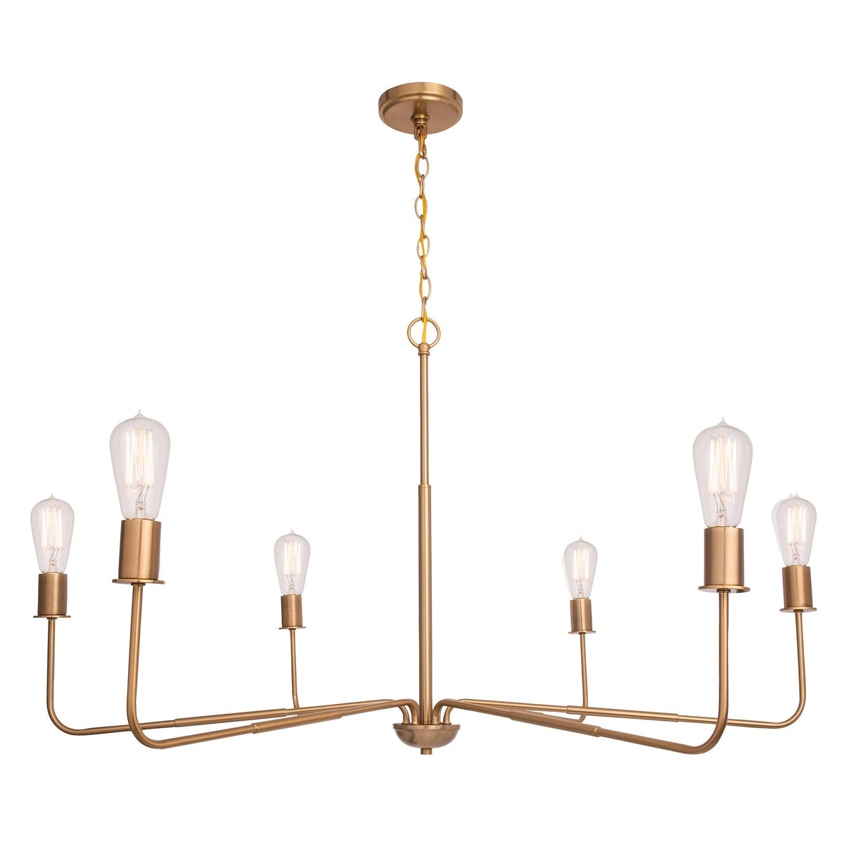 Radiant 6-Light Industrial Traditional Dimmable Chandelier in gold metal finish with exposed bulbs and sleek design.