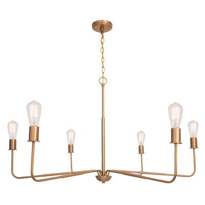 Radiant 6-Light Industrial Traditional Dimmable Chandelier in gold metal finish with exposed bulbs and sleek design.