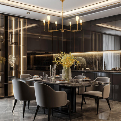 Radiant 6-Light Industrial Traditional Dimmable Chandelier illuminating a modern dining room with stylish black and gold design.