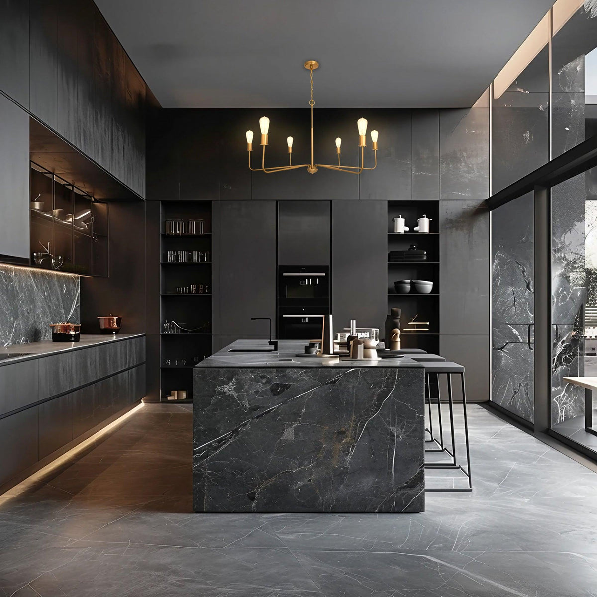Radiant 6-Light Industrial Traditional Dimmable Chandelier in a modern kitchen with dark marble and sleek design.