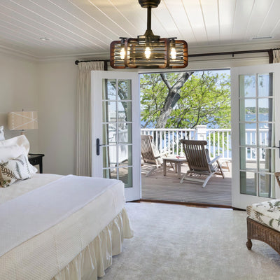 Caged Ceiling Fans with LED Lights in a bright bedroom blending rustic charm and modern farmhouse style.