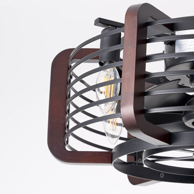 Close-up of Caged Ceiling Fans with LED Lights showcasing rustic metal cage and integrated LED bulbs.