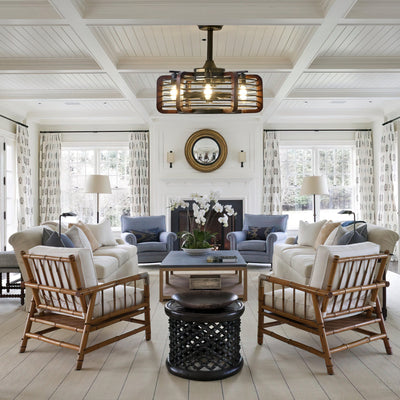 Caged Ceiling Fans with LED Lights featuring rustic farmhouse design, bright LED illumination, and quiet operation in a cozy living room.