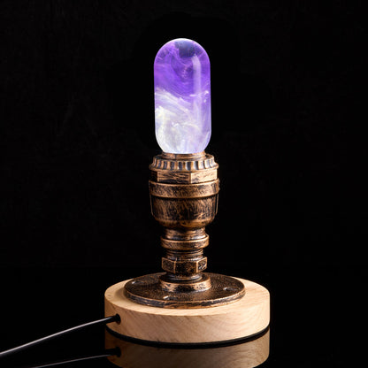 EP Light - Amethyst handcrafted eco-resin bulb with unique purple pattern on a vintage-style wooden base.