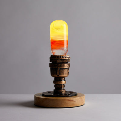 EP Light - Flame handcrafted LED bulb with fiery glow, eco-resin design, and rustic wooden base for warm ambiance.