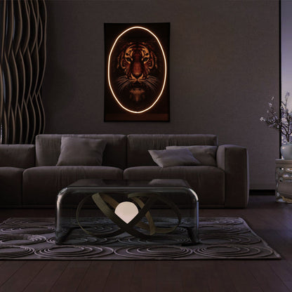 Lion Wall Art with LED Light illuminating a modern living room with bold, adjustable glow and sleek design.