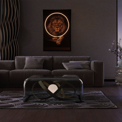 Lion Wall Art with LED Light glowing on a modern living room wall, adding bold energy and style.