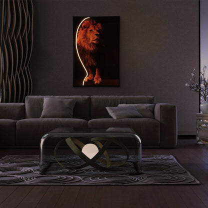 Lion Wall Art with LED Light glowing softly on a modern living room wall, adding bold energy and style.