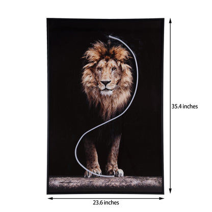 Lion Wall Art with LED Light featuring a powerful lion image illuminated by sleek adjustable LED glow.