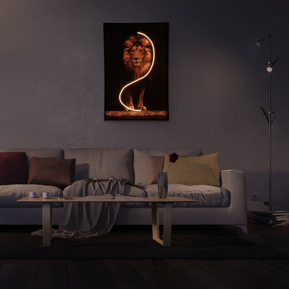 Lion Wall Art with LED Light glowing in a modern living room, adding bold energy and stylish ambiance.