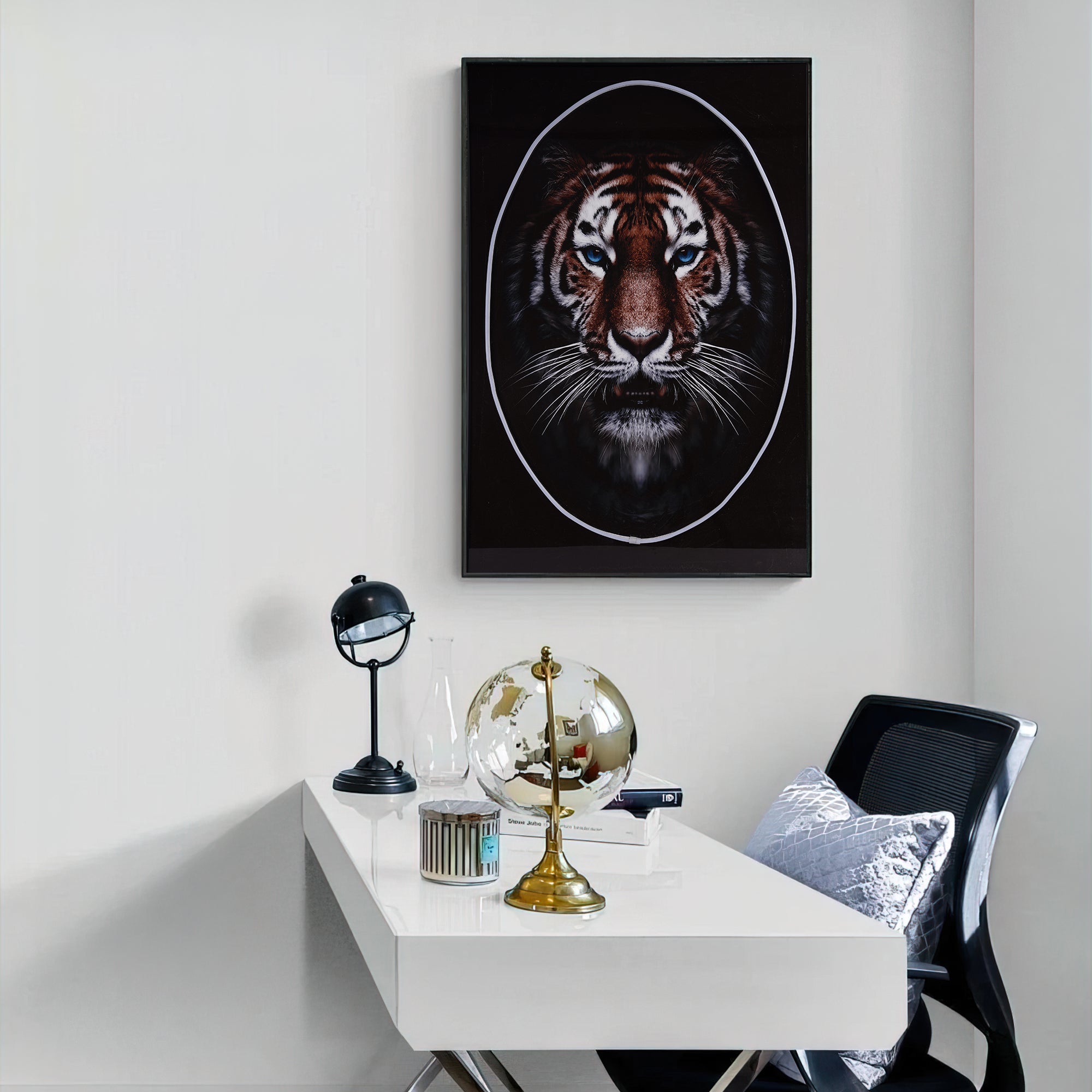 Lion Wall Art with LED Light showcasing a bold tiger face illuminating a modern office space.