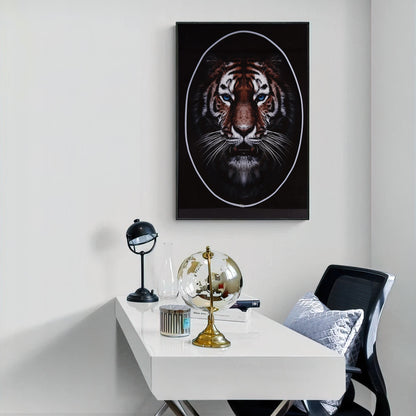 Lion Wall Art with LED Light showcasing a bold tiger face illuminating a modern office space.