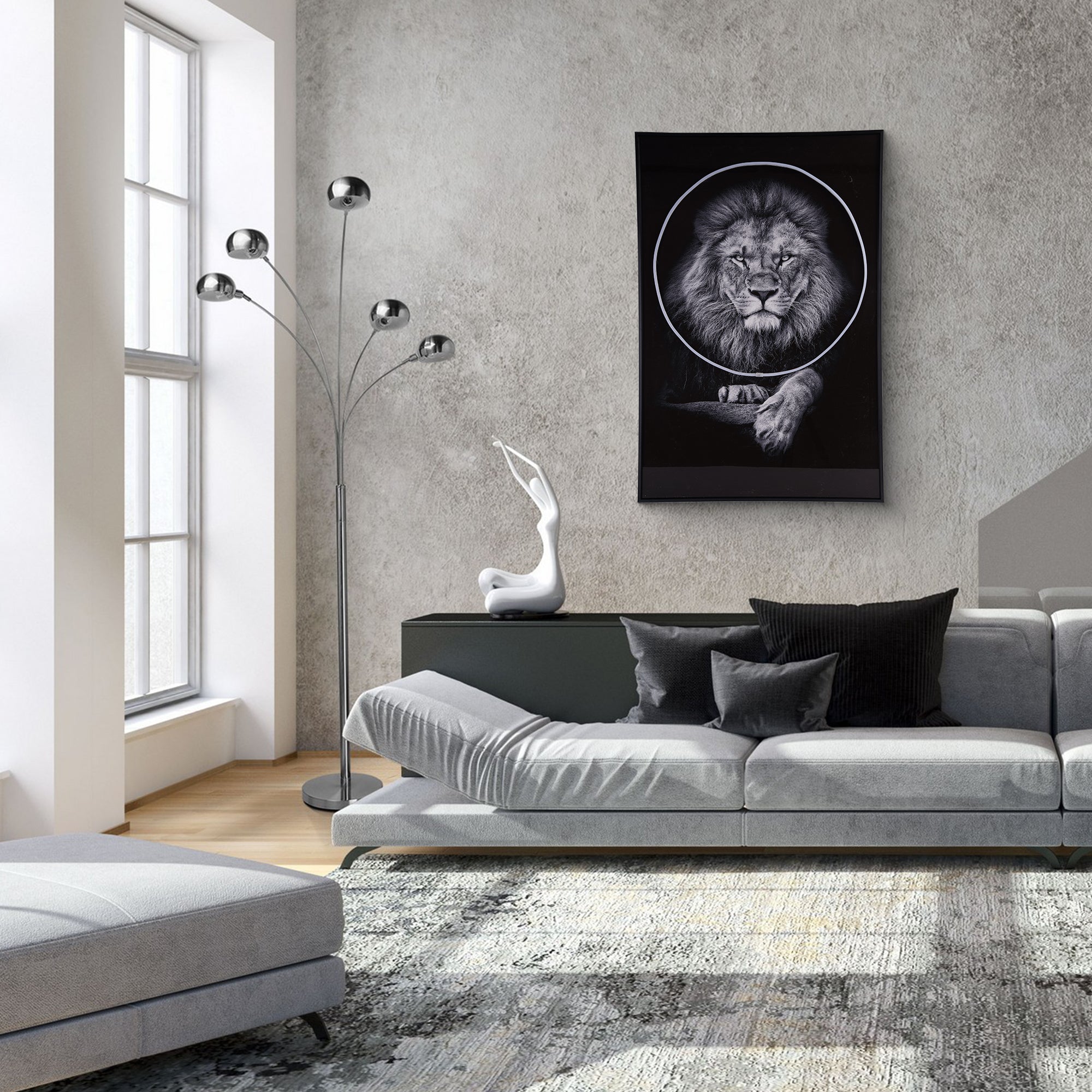 Lion Wall Art with LED Light showcasing a fierce lion face in glowing LED, adding bold style to modern living spaces.