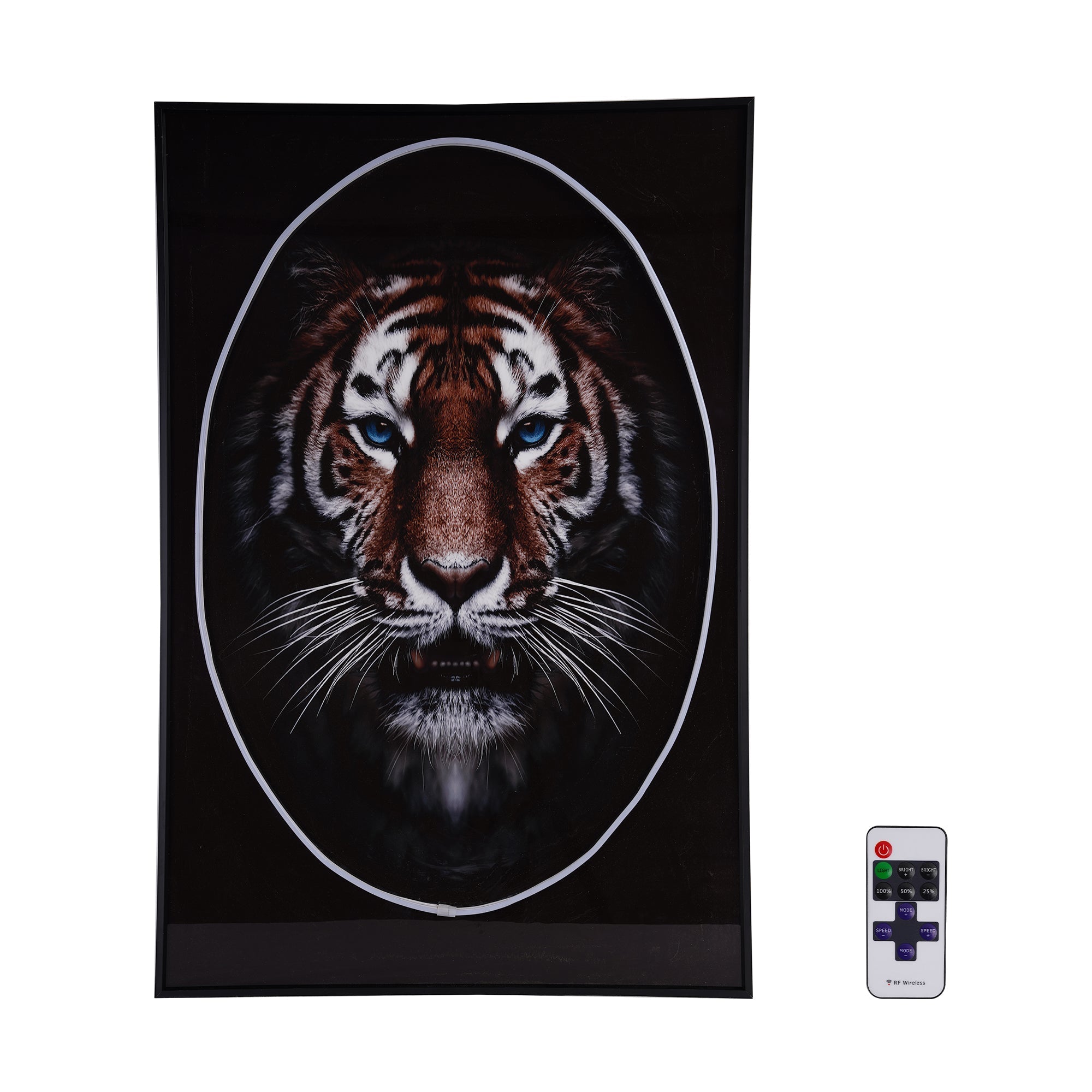 Lion Wall Art with LED Light featuring a fierce tiger face illuminated with adjustable LED for bold wall decor.