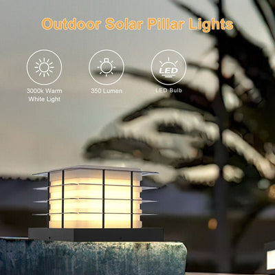 Outdoor Solar Fence Post Cap Lights glowing warm white with 350 lumens LED bulb, eco-friendly and durable design.