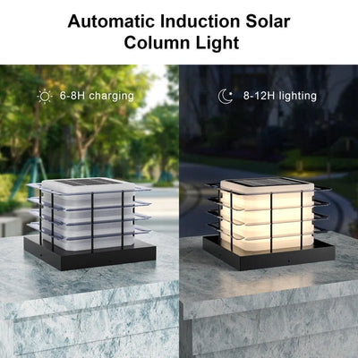 Outdoor Solar Fence Post Cap Lights showing daytime charging and warm night illumination on stone pillar.