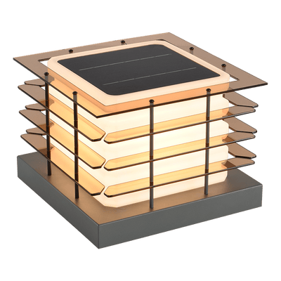Outdoor Solar Fence Post Cap Lights with solar panel, modern design, and warm white dimmable illumination for garden posts.