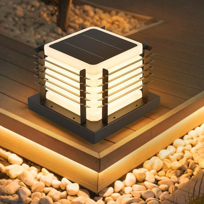 Outdoor Solar Fence Post Cap Lights showcasing sleek, solar-powered, dimmable, waterproof illumination for stylish garden decor.