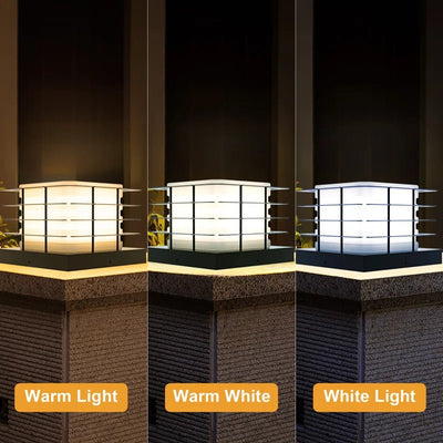 Outdoor Solar Fence Post Cap Lights showing warm, warm white, and white light options for elegant solar lighting