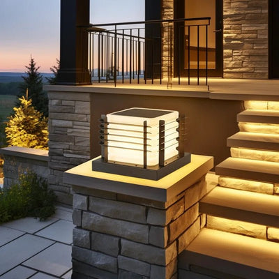 Outdoor Solar Fence Post Cap Lights showcasing modern solar pillar lighting on a stone fence post at dusk.