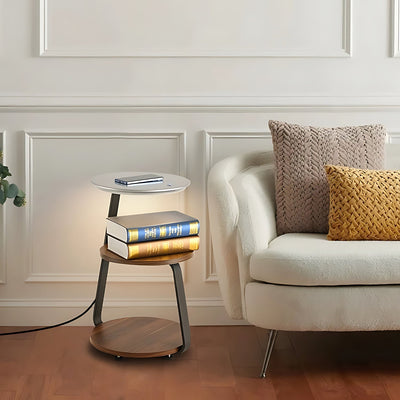 Wireless Charging LED Nightstand with wireless phone charging and adjustable dimmable LED lamp by the sofa.